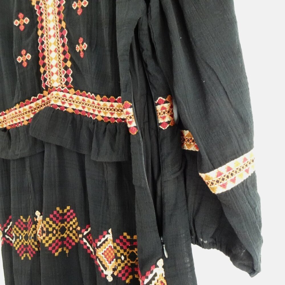 Reba Embroidered Dress Women's Size 10 Black Ruffle Tiered V-Neck Midi Boho - Picture 7 of 12